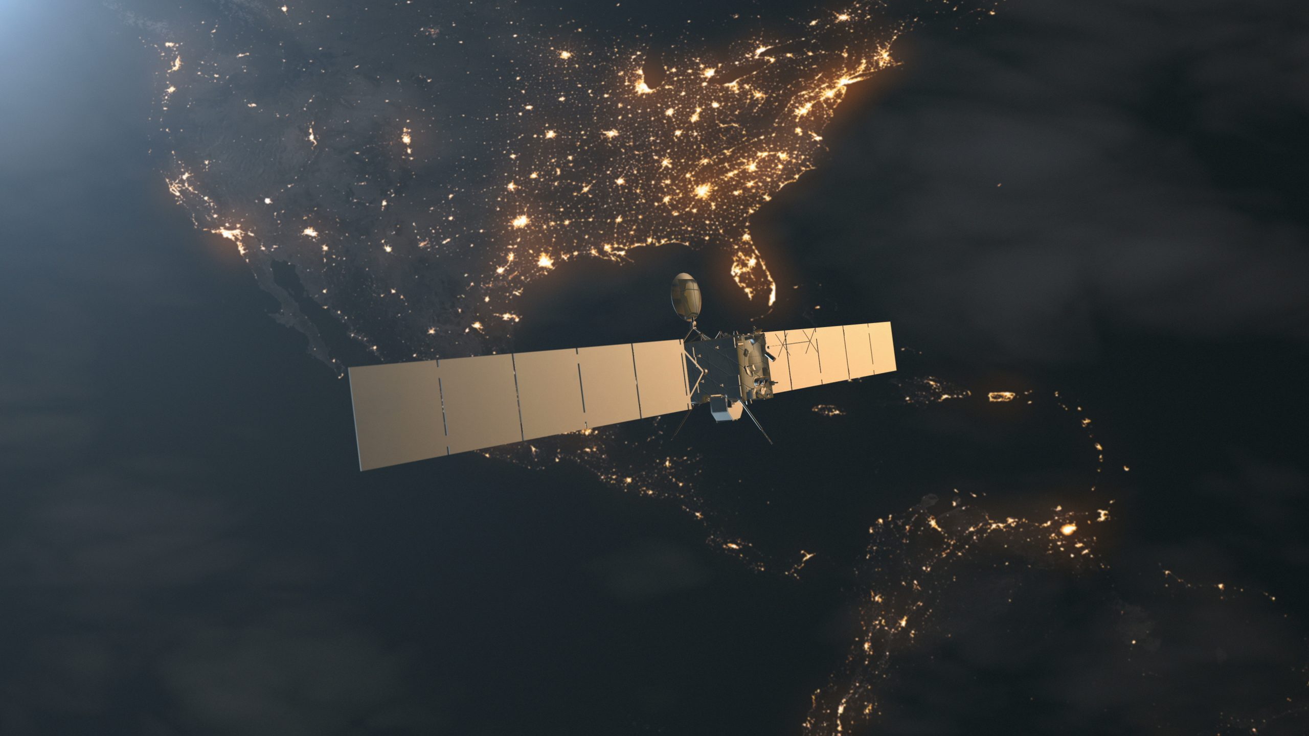 Modern space satellite probe with solar panels over planet Earth Northern America mainland. 3d render animation. Science and technology concept. Elements of this media furnished by NASA